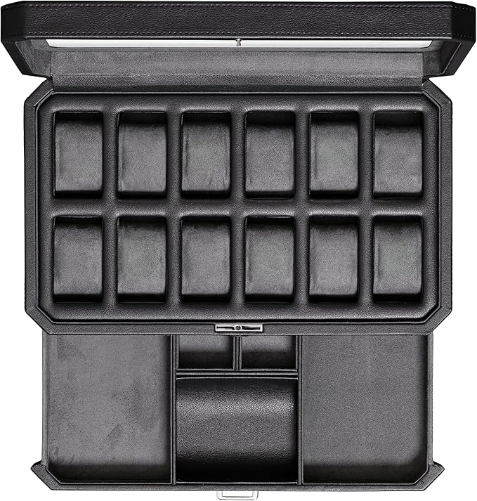 ROTHWELL 12 Slot Leather Watch Box with Valet Drawer - Luxury Watch and Jewelry Case Display Organizer, Microsuede liner, Mens Locking Storage Holder Large Glass Top (Black/Grey)