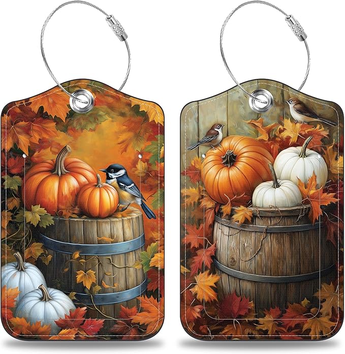 Autumn Pumpkin and Bird Set of 2 Luggage Tags for Suitcases Fallen Leaves Leather Suitcase Tags Identifiers with Privacy Name Label and Stainless Steel Loop for Women Men Travel Luggage Accessories