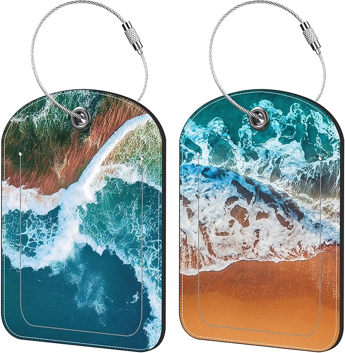 Sandy Beach Wave Luggage Tag for Suitcase Set of 2 PU Leather Cute Luggage Tags with Stainless Metal Loop ID Label Privacy Flap Suitcase Tags for Women and Men Travel