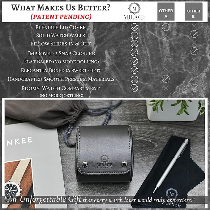Gray/Ivory - 1 Watch Travel Case for Men - Single Watch Case Storage - Gift Idea Travel Accessory - Slate Gray/Ivory - Mirage Watch Roll Cases Vegan Leather