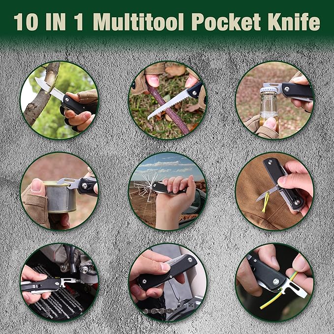 MOSSY OAK Multitool Pocket Knife, 10-in-1 Folding Pocket Knife Multitool with Stainless Steel Blade, Saw, Can Opener, Screwdrivers – EDC Tool for Camping, Hiking, Survival, Father Day Gifts