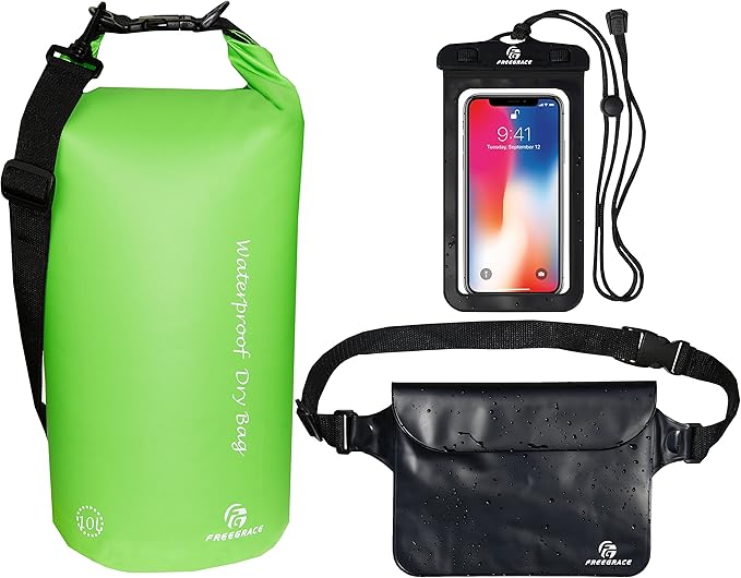 Freegrace Waterproof Dry Bags Set Of 3 Dry Bag With 2 Zip Lock Seals & Detachable Shoulder Strap, Waist Pouch & Phone Case - Can Be Submerged Into Water - For Swimming (Green, 5L)