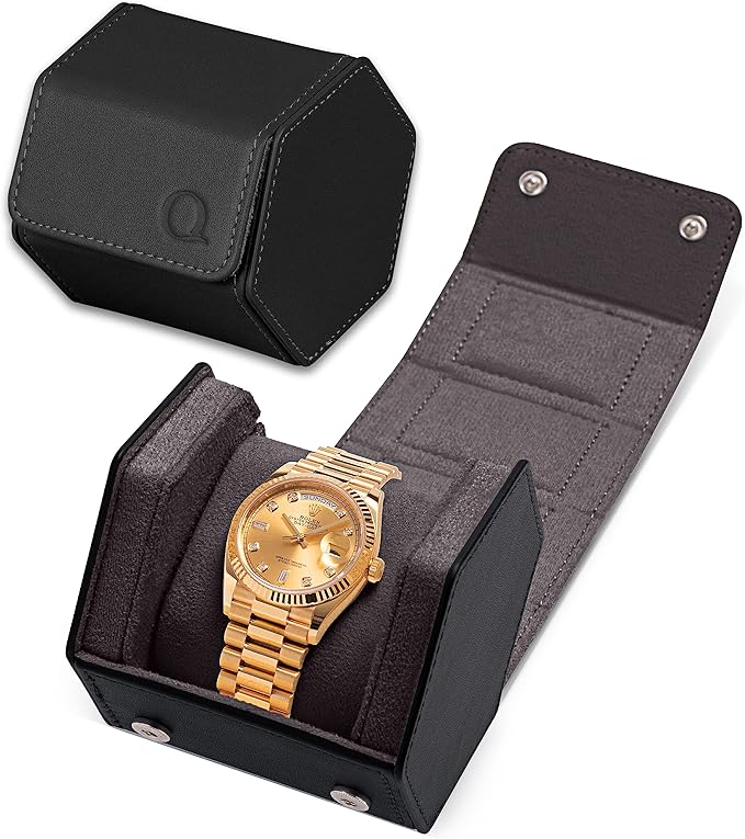 Single Leather Watch Case for Men - Hexagon Watch Roll Travel Case - Genuine Napa Leather with Luxury Velvet Interior - Storage & Display Holder for 1 Watch (Black/Charcoal)