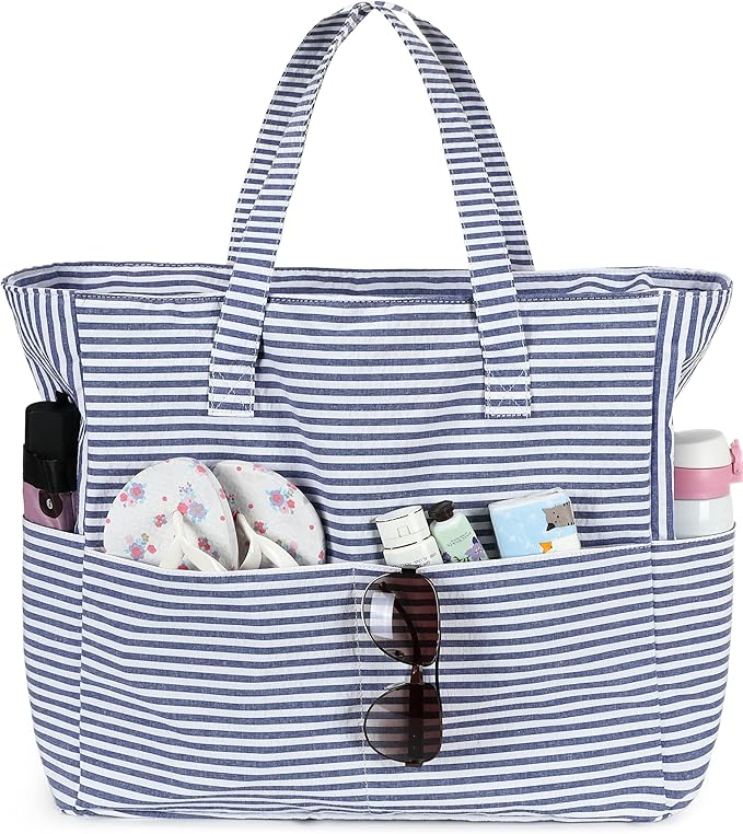 LEDAOU Large Beach Tote Bag Women Waterproof Sandproof Zipper Beach Tote Bag for Pool Gym Grocery Travel with Wet Pocket