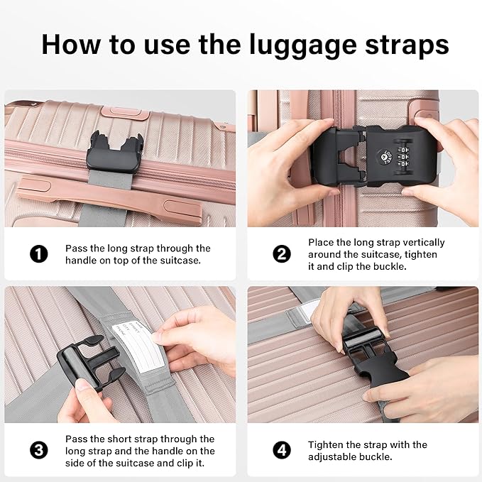 Luggage Straps, Grey TSA Approved Luggage Strap Belt with Combination Lock for Suitcases, 2 Pack Adjustable Heavy Duty Cross Suitcase Straps with Name Tags for Travel, Carry On Bags, Protect Luggage
