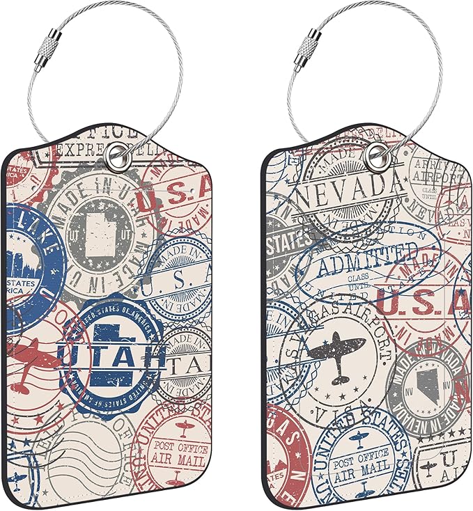 Travel Stamp Luggage Tags for Suitcases Leather Travel Tags for Luggage ID Label with Privacy Cover and Stainless Steel Loop for Men Women Suitcase Backpack, Set of 2