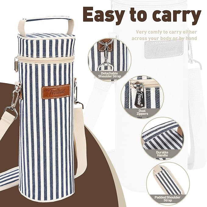 Tirrinia Single Wine Cooler Bags - Insulated & Padded Portable Wine Gift Tote Carrier for Travel, BYOB Restaurant, Wine Tasting, Party, Great Gift for Wine Lover, Blue Stripe