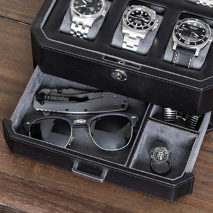 ROTHWELL Gift Box with 6 Slots Leather Watch Box and 2 Watches Travel Case - Storage Box Holder with Glass Top (Black/Grey Gift Box)
