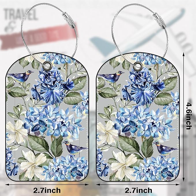 2 PCS Leather Luggage Tags for Suitcase Hibiscus Flowers Bird Travel Luggage Tag with Privacy Flap Name ID Label and Metal Loop for Travel Bag Suitcase