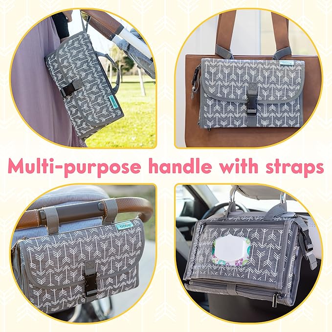 Kopi Baby Portable Diaper Changing Pad - Baby Diaper Changer Travel Bag with Wipes Pocket, Smart Design Portable Changing Mat, Infant Travel Station Kit, Gift for Newborn Girl & Boy - Classic