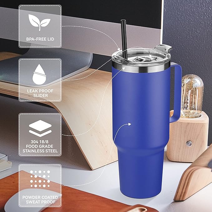 HASLE OUTFITTERS 40 oz Stainless Steel Tumbler with Handle, Vacuum Insulated Tumblers Bulk, Reusable Double Wall Travel Coffee Mug, Durable Powder Coated Water Bottles(Dark Blue, 8)