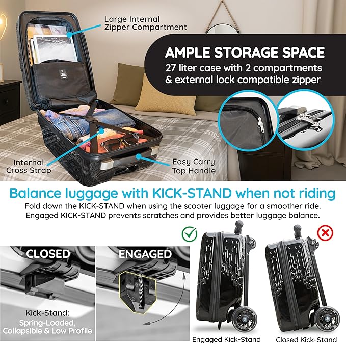 Teen Totes Detachable 4-in-1 Scooter Luggage for Kids – Ride-On Suitcase with Removable Luggage Body, Adjustable Handlebar, Durable Deck & Brake, Carry-On Size – Travel & Play