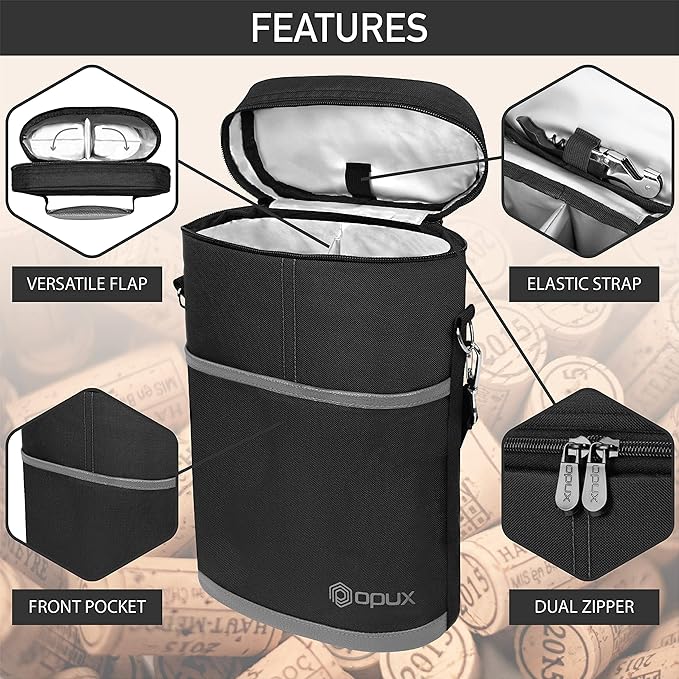 OPUX 2 Bottle Wine Carrier Tote, Insulated Leakproof Wine Cooler Bag, Wine Travel Bag Tote for Picnic BYOB Beach, Portable Wine Bottle Carrying Case, Gift for Wine Lover Women Men Christmas, Dark Grey