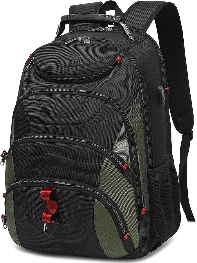 Boavan Laptop Backpack for men, 17.3 inch Laptop Bag with USB Port, Waterproof Travel Work Backpack Purse, Anti-Theft Teacher Nurse Doctor Casual Bookbags Office Business backpack，Black&Army Green