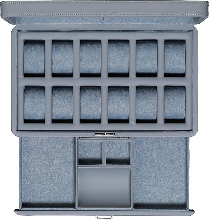 ROTHWELL Luxury Watch Box for 12 Watches – PU Leather Watch Box with Real Glass Lid – Slide out Accessory Drawer with Multiple Compartments (Artic Mist)