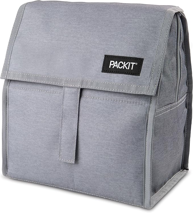 Packit® Freezable Lunch Bag, Gray Fog, Built with ECOFREEZE® Technology, Foldable, Reusable, Zip and Velcro Closure with Buckle Handle, Designed for Work Lunches and Fresh Lunch On the Go