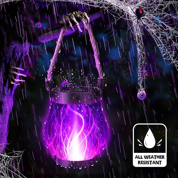 Halloween Solar Flame Lantern Hanging Outdoor Waterproof Purple - 2 Pack Flame Lanterns with Dual Charging Modes of Solar & USB for Garden or Yard Halloween Decorations (Purple - 2 Pack)
