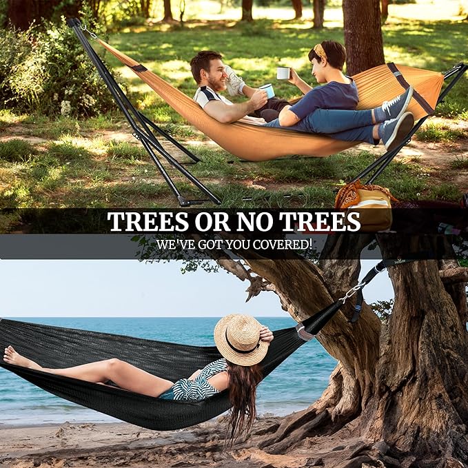 Tranquillo Universal Hammock with Stands Electro Static Coated Steel, Adjustable Foldable Hammock Stand with 2 Layered Polyester Net and Carry Bag for 2 Persons (Combo - Yellow)