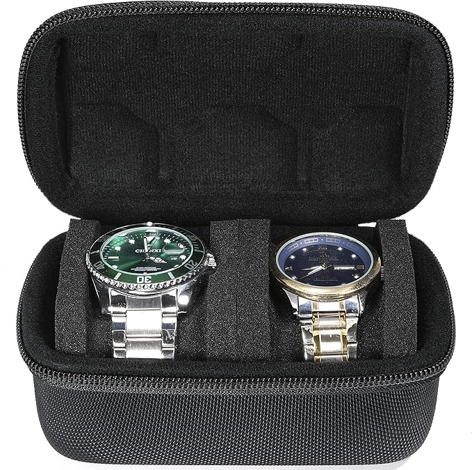 Hard single watch travel case, men's sports watch organizer box with flexible watch pillow (Black, 1 slot red lining)