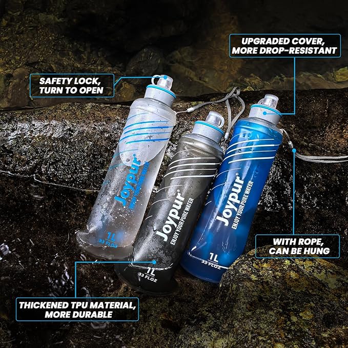 Collapsible Water Bottle with Filter - 1L Squeeze Water Filtered Bottle Camping Survival Hiking Backpacking, Portable Water Filter with NSF/FDA Certification, White