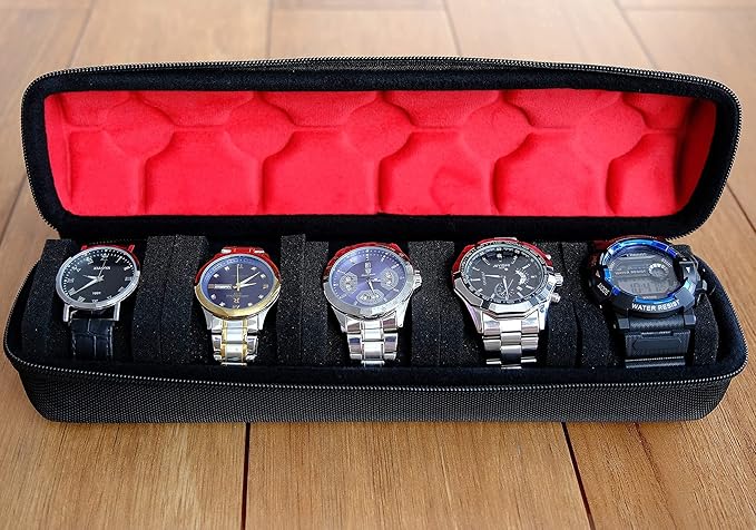 Hard 5 Slots Watch travel case with Soft Separation pillow, fit men's women's casual/sports/diving/dress/automatic watches up to 60mm sized face, with luxury red lining(case only)
