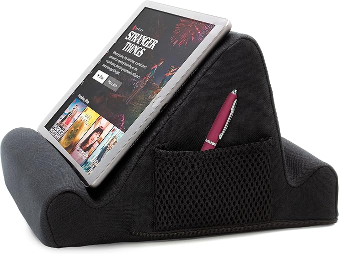 Brookstone - Memory Foam Lap Desk Tablet Holder, Holds Phones, iPads, E-Book Readers, 2 Viewing Angles, 2 Side Pockets for Accessories, Book Holder Cushion, Perfect Home, Car Travel, Flights, Black