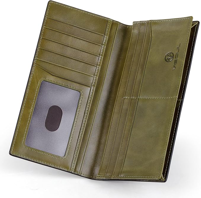 VISOUL Mens Checkbook Leather Wallets Long Bifold Wallets for Men Suit Wallet with 3 Cash Compartments 12 Credit Card Slots (Black+Olive Green)