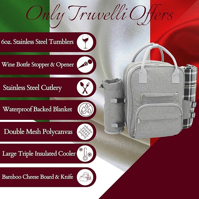 Truvelli Picnic Backpack for 2 with Blanket – 12-in-1 Insulated Picnic Basket Backpack Set with‬ Wine Holder, Cutlery & Cheese Board – Luxury Picnic Back Pack for Couples, Outdoor‬ Adventures, Gray