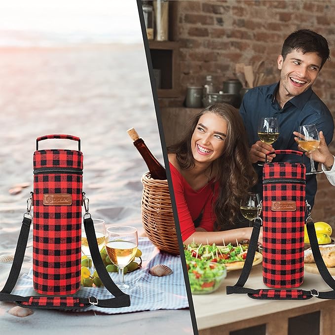opux Wine Bag Single Bottle Carrier Tote, Insulated Wine Cooler Bag for Travel Picnic Beach with Shoulder Strap, Thermal One Bottle Holder Carrying Case Wine Gift for Women Men, Plaid Buffalo Red