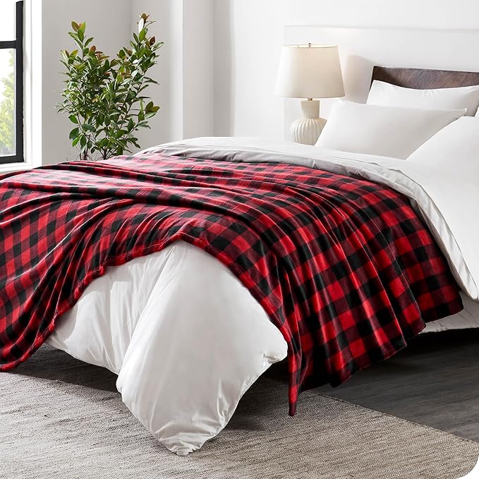 Bare Home Textured Fleece Blanket - Twin/Twin Extra Long - Ultra-Soft Lightweight for Bed, Sofa, and Couch - Luxury Microplush - Cozy Warm Blanket (Twin/Twin XL, Chester Buffalo Plaid - Red/Black)