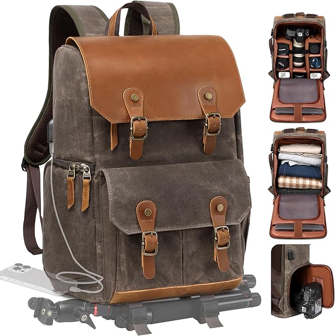 Padwa Lifestyle Coffee Camera Backpack - Weather Resistant Waxed Memory Canvas Camera Backpacks for Photographers,Multi DSLR SLR Camera Bag with 16” Laptop & Lens Compartment and Tripod Holder