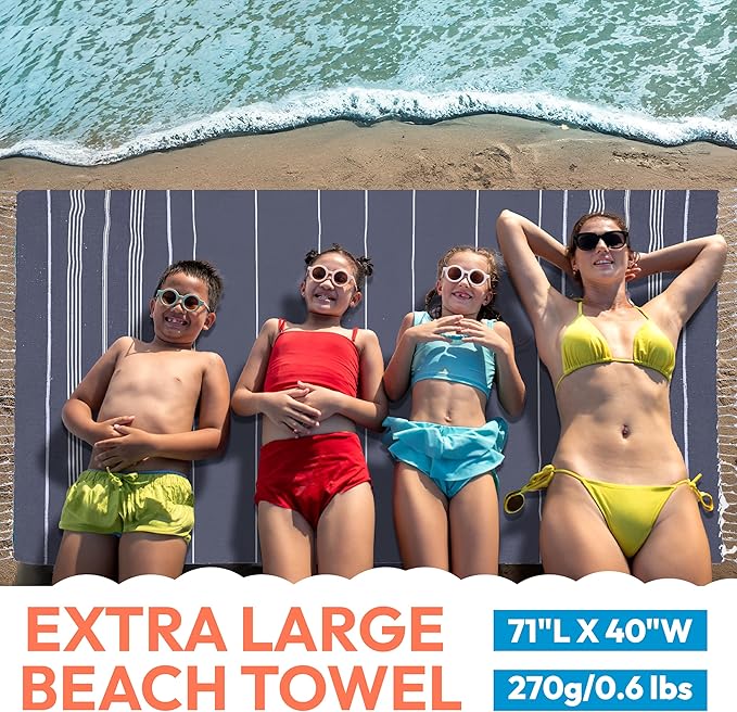 Oversized Sand Resistant Prewashed Turkish Cotton Quick Drying, Compact, Lightweight Beach, Bath, Pool, Gym, Yoga Towel - 40x71