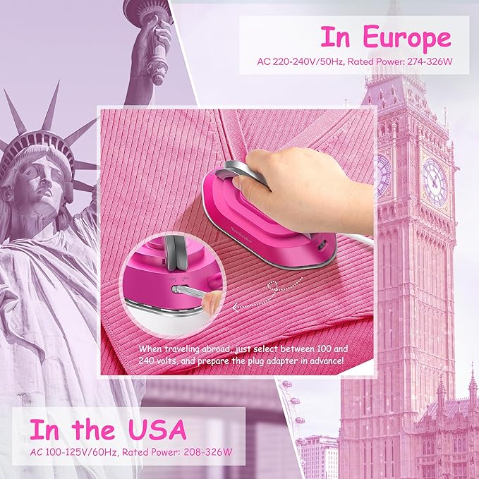 Newbealer Travel Iron with Dual Voltage - 120V/220V Lightweight Dry Iron for Clothes (No Steam), Non-Stick Ceramic Soleplate, 302℉ Heat Press Machine, w/Spray Bottle, Pouch & Silicone Stand (Hotpink)