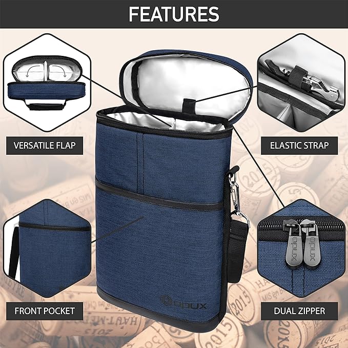 opux 2 Bottle Wine Carrier Tote, Insulated Leakproof Wine Cooler Bag, Wine Travel Bag for Picnic BYOB Beach, Portable Wine Bottle Carrying Case, Gift for Wine Lover Women Men Christmas, Navy