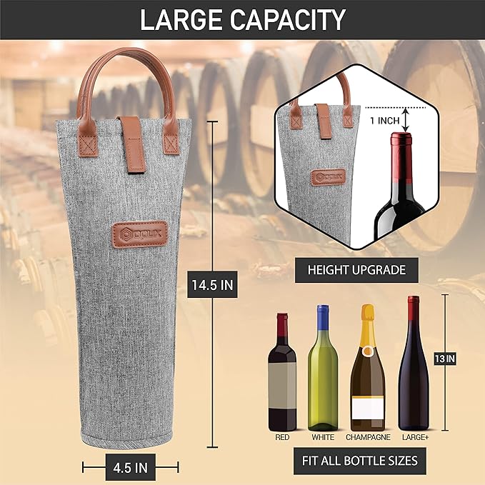 opux Wine Bag Single Bottle Carrier Tote, Insulated Travel Wine Cooler Bag for Picnic Beach Gift, Thermal Padded Portable One Bottle Holder Carrying Case for Women Men Wine Lovers, Heather Gray