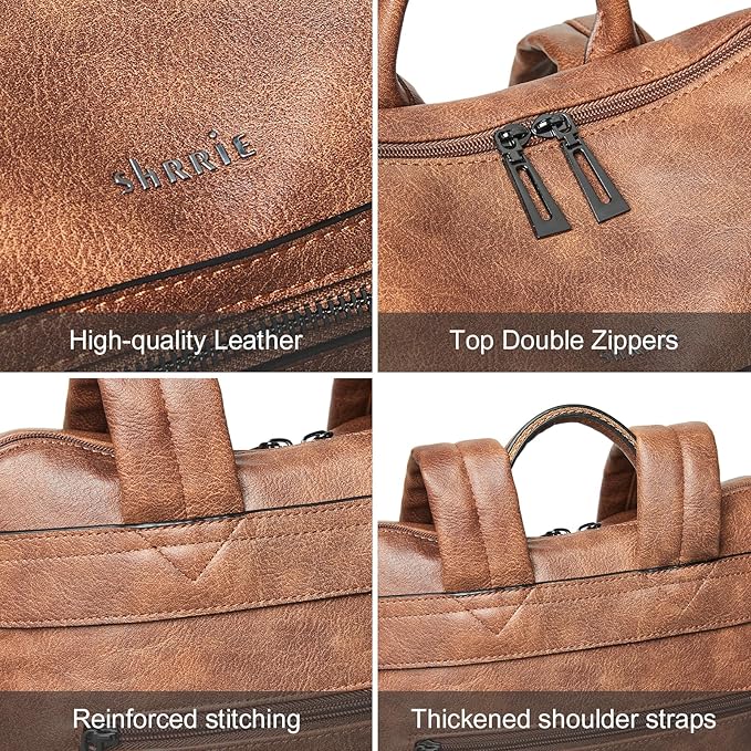 Shrrie 15.6 inch Laptop Backpack for Women,Large Leather Backpack Purse,Travel,Carry on,Water Resistant Casual Laptop Backpacks,College Backpack,Work Backpack for Women,Two-toned Brown