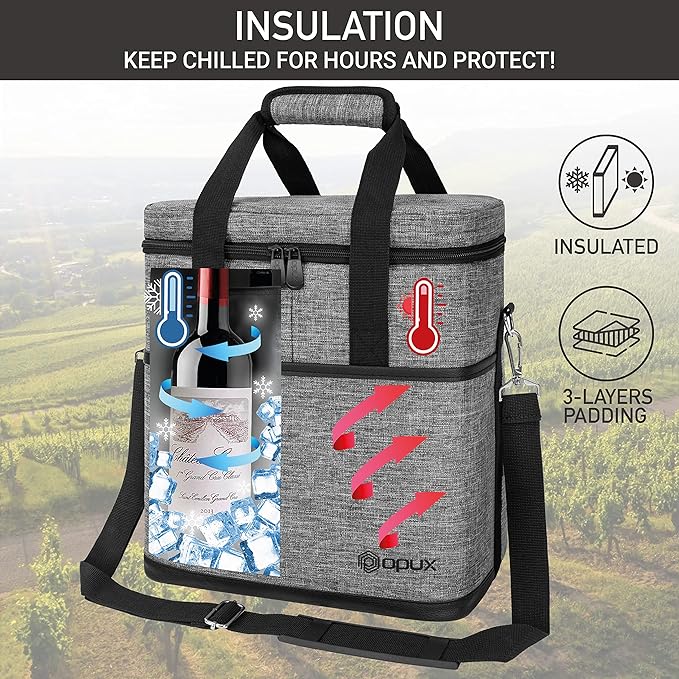 opux 6 Bottle Carrier Tote | Insulated Padded Wine Cooler Bag for Travel. Picnic, BYOB | Portable Leakproof Wine Tote Bag for Dinner, Party, Christmas, Wine Gift for Women, Men (Heather Gray)