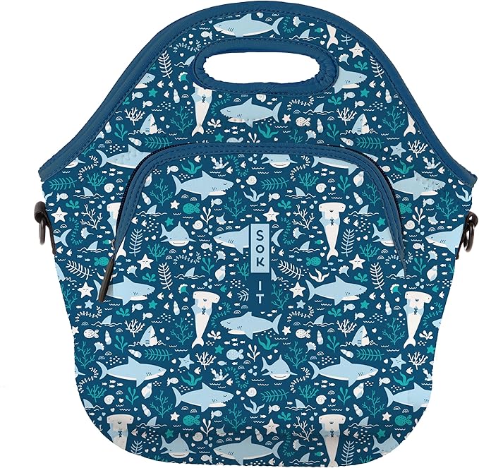 Sok It LunchTote Zippered Bag Insulated Neoprene Caddy (Happy Sharks, X-Large 6.5 Quart Lunch Tote)
