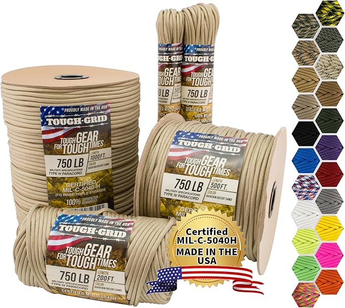 TOUGH-GRID 750 Paracord Rope Nylon Parachute Cord, Made in USA Survival Kit, Outdoor Adventures, Camping, Tactical Gear & Emergency Supplies, Military Type IV Mil-Spec