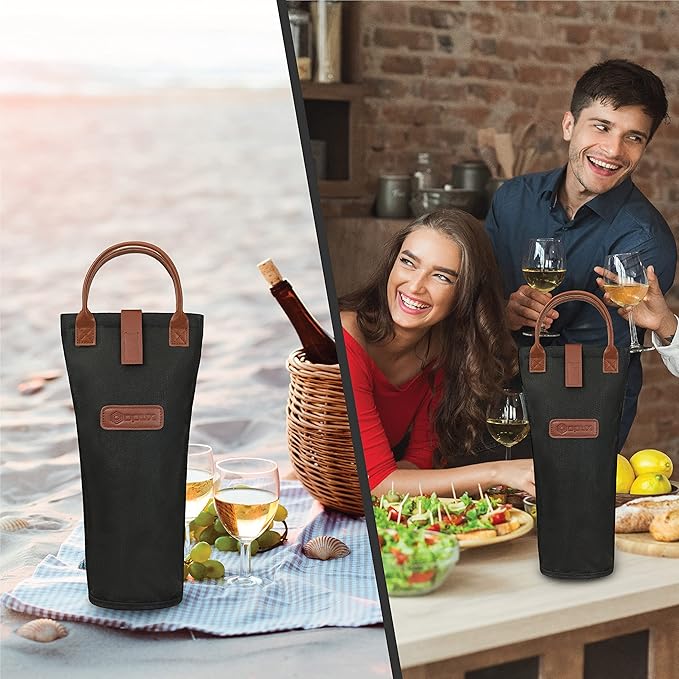 opux Wine Bag Single Bottle Carrier Tote, Insulated Travel Wine Cooler Bag for Picnic Beach Gift, Thermal Padded Portable One Bottle Holder Carrying Case for Women Men Wine Lovers, Black