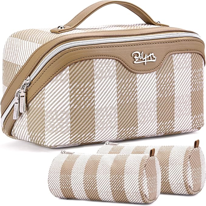 BOYATU Makeup Bag Travel Cosmetic Bag: 3 Pcs Set Portable Make up Bags for Women with Handle - Waterproof Vegan Leather Toiletry Organizer Bags with Comparments (F-04-Brown)
