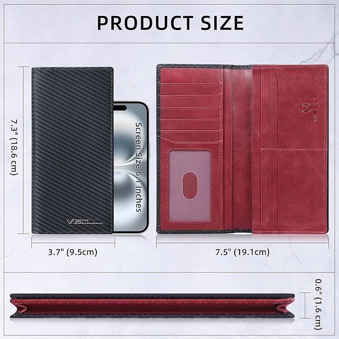 VISOUL Mens Leather Long Checkbook Bifold Wallets with RFID Blocking, Carbon Fiber Leather Tall Wallets for Men (Black+Burgundy)