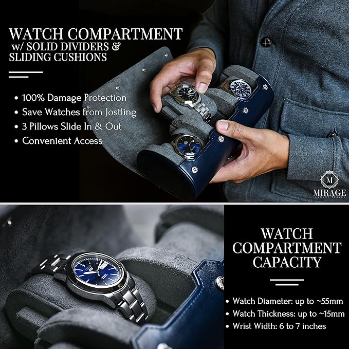 Watch Case Travel Organizer - Watch Roll Case - 3 Watch Case Display Storage - Watches Accessory Gift - Midnight Blue Vegan Leather