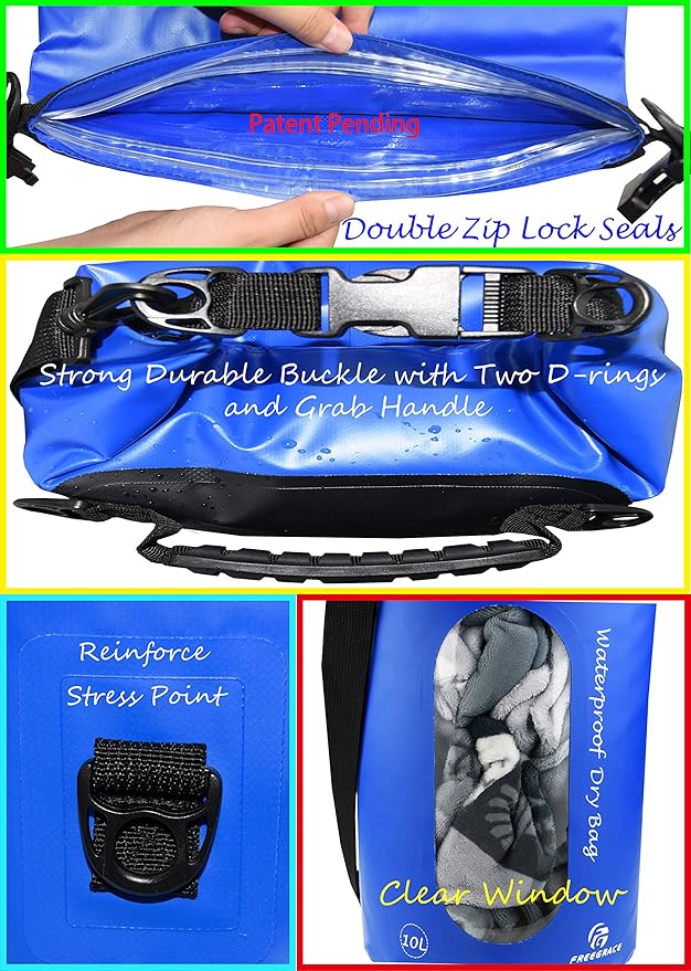 Freegrace Waterproof Dry Bags Set of 3 Dry Bag with 2 Zip Lock Seals & Detachable Shoulder Strap, Waist Pouch & Phone Case - Can Be Submerged Into Water - for Swimming (Navy Blue(Window), 20L)