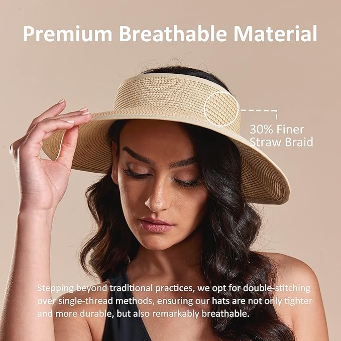 Joywant Womens Sun Visor Hats, Packable Wide Brim Ponytail Beach Hat Straw Visor Summer Beach Vacation Essentials for Womens