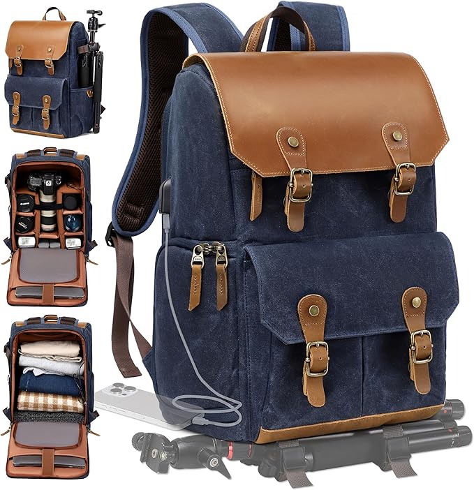 Padwa Lifestyle Blue Camera Backpack - Waxed Memory Weather Resistant Canvas Large Camera Bag,Multifunctional Dslr Camera Backpacks with Multi Cameras,Lens & 16” Laptop Compartment for Photographers
