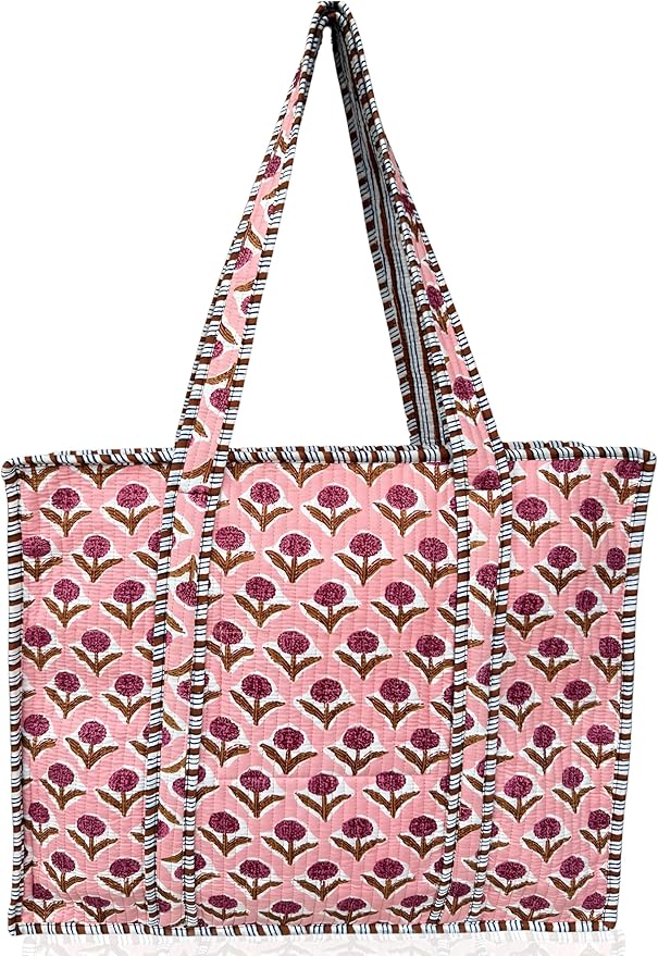 Cotton Quilted Tote Bag for Women – Large Beach & Travel Tote with Zipper, Reusable Grocery Bag