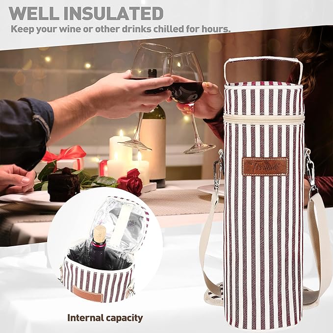 Tirrinia Single Wine Cooler Bags - Insulated & Padded Portable Wine Gift Tote Carrier for Travel, BYOB Restaurant, Wine Tasting, Party, Great Gift for Wine Lover, Wine Stripe