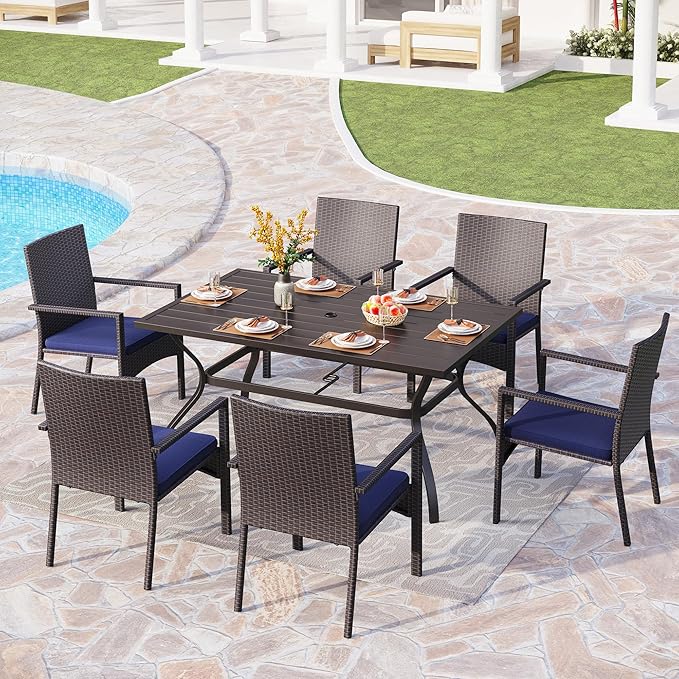 PHI VILLA Outdoor Rattan Dining Chairs Set of 6, Modern Wicker Armchair with Cushions for Patio, Deck, Yard, Porch - Brown