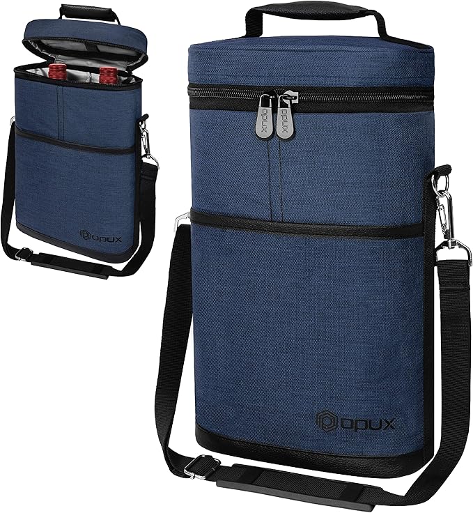opux 2 Bottle Wine Carrier Tote, Insulated Leakproof Wine Cooler Bag, Wine Travel Bag for Picnic BYOB Beach, Portable Wine Bottle Carrying Case, Gift for Wine Lover Women Men Christmas, Navy